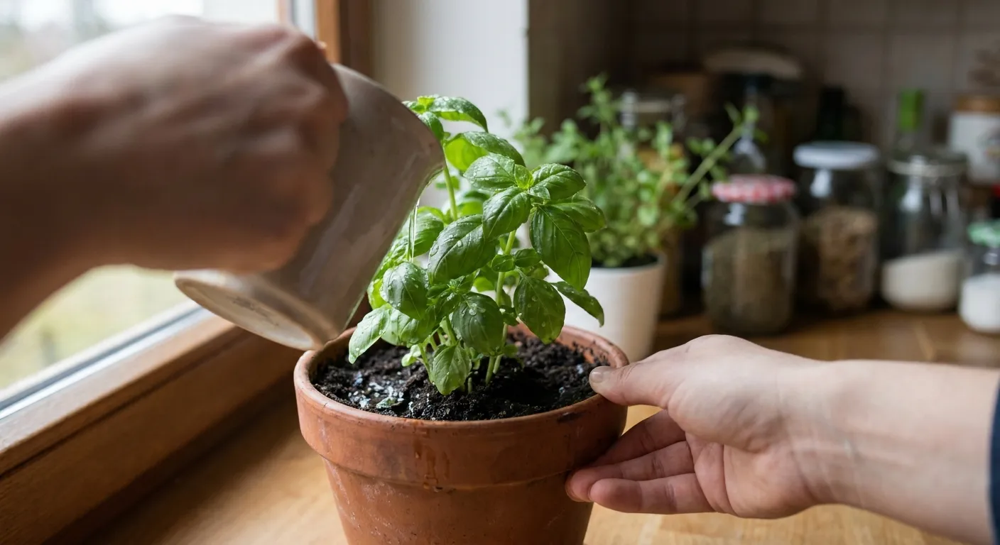 Podlewanie bazylii w doniczce