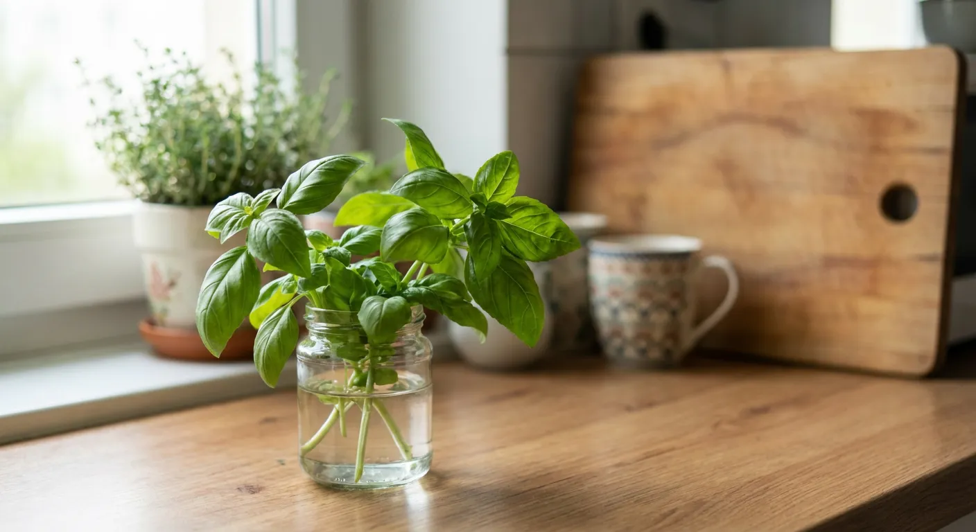 Świeżo zerwane liście bazylii w słoiku