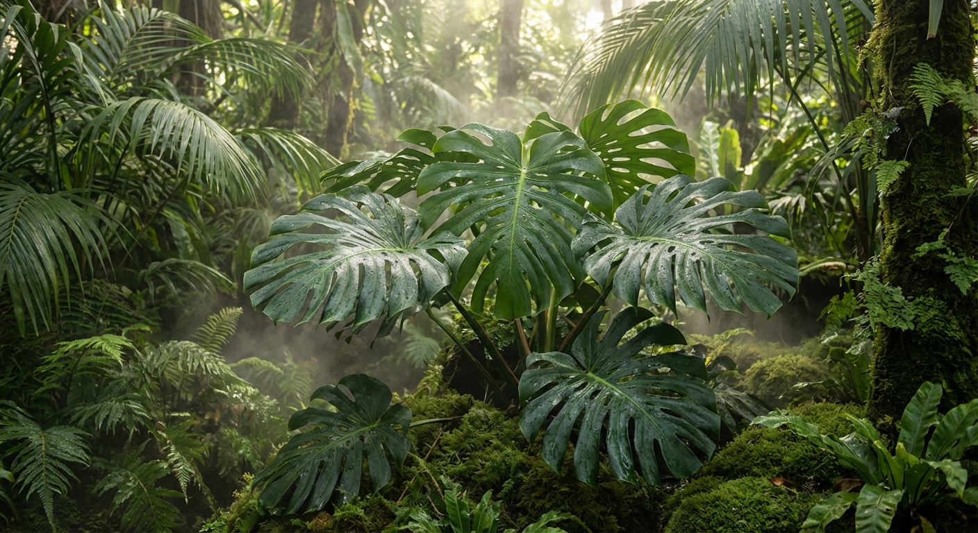 Monstera w wilgotnym środowisku wśród innych roślin