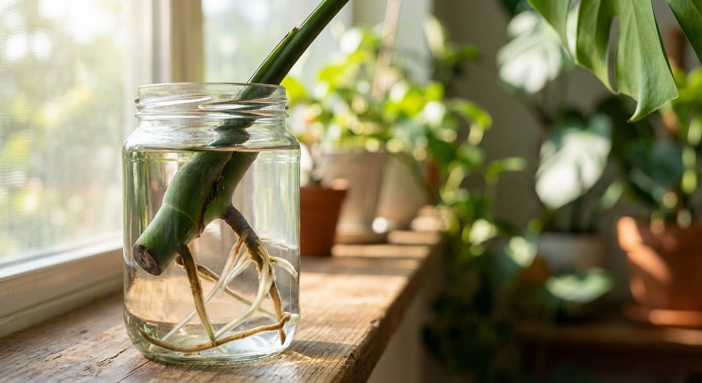 Sadzonka monstery ukorzeniająca się w wodzie