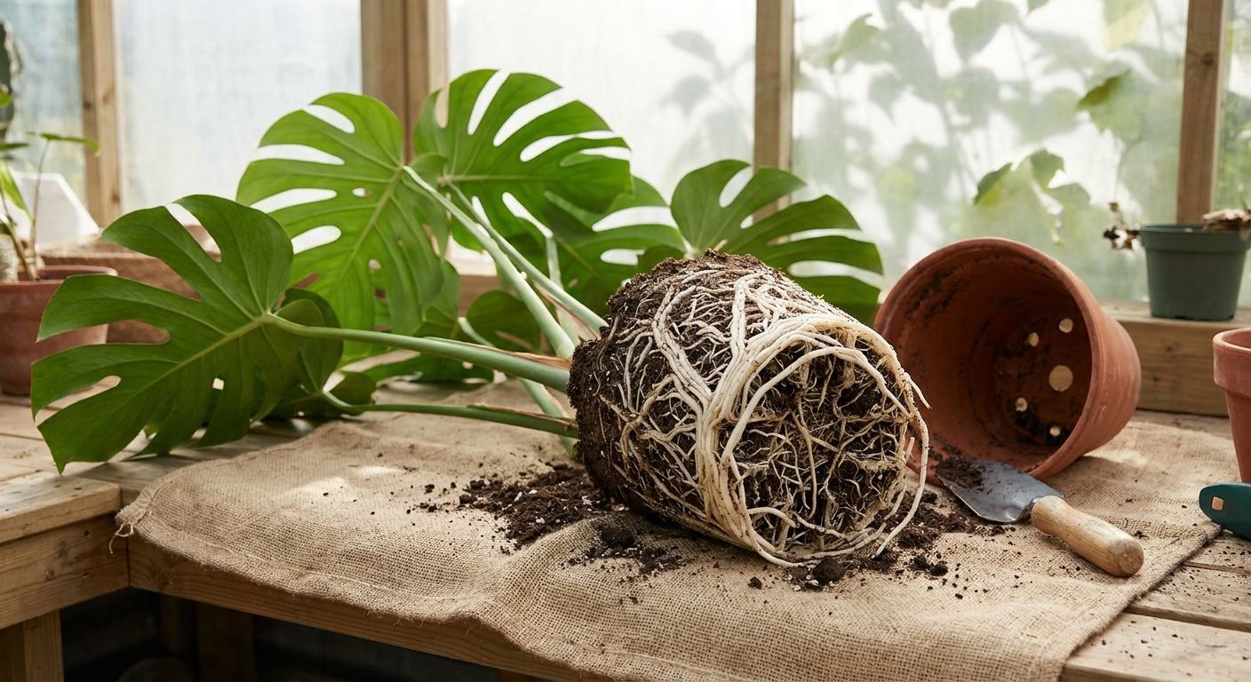 Monstera gotowa do przesadzenia z widocznymi korzeniami