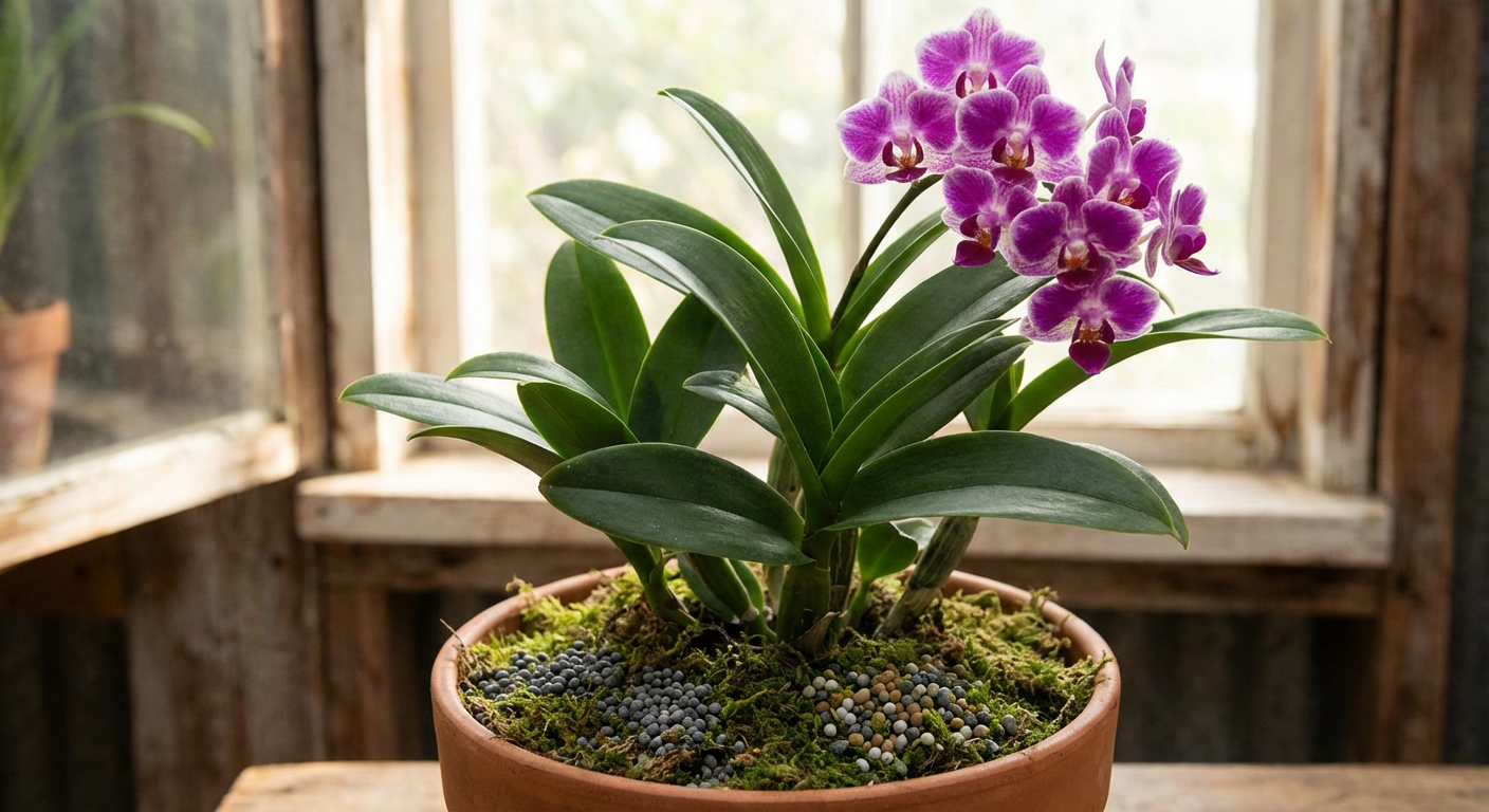 Dobrze odżywiony storczyk z bujnymi liśćmi