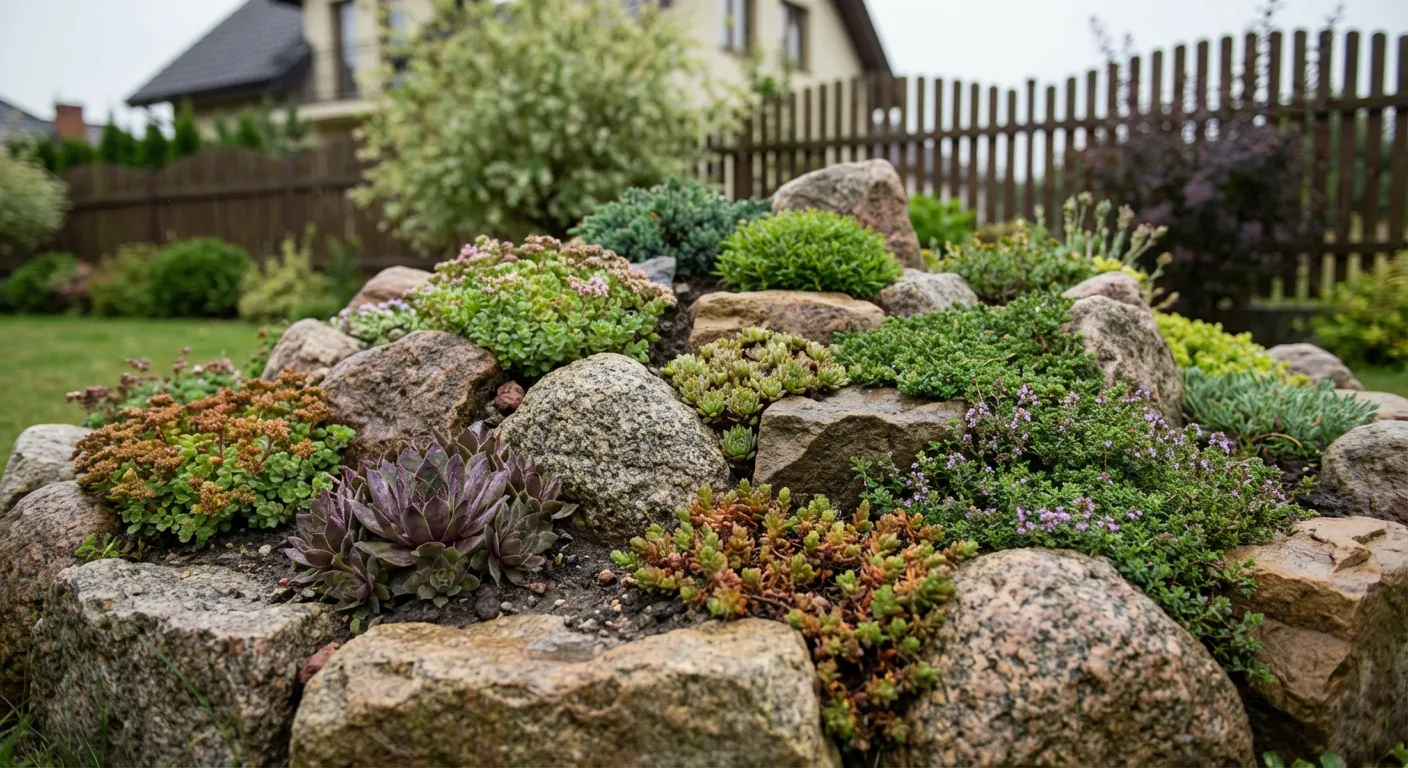 Piękny skalniak z różnymi roślinami skalnymi