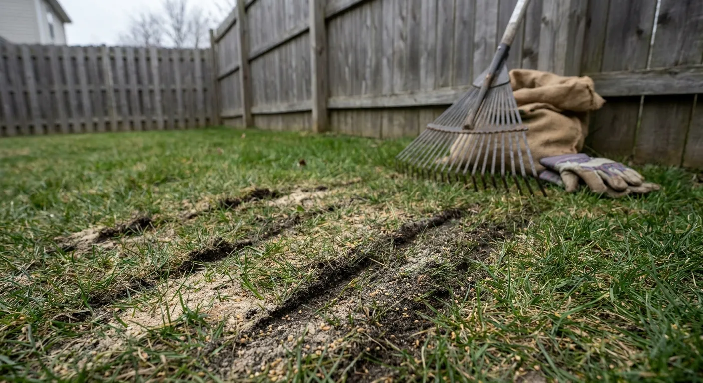 Trawnik po wertykulacji z dosiewem trawy