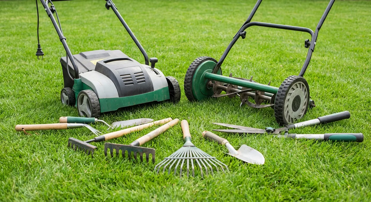 Różne rodzaje wertykulatorów na trawniku