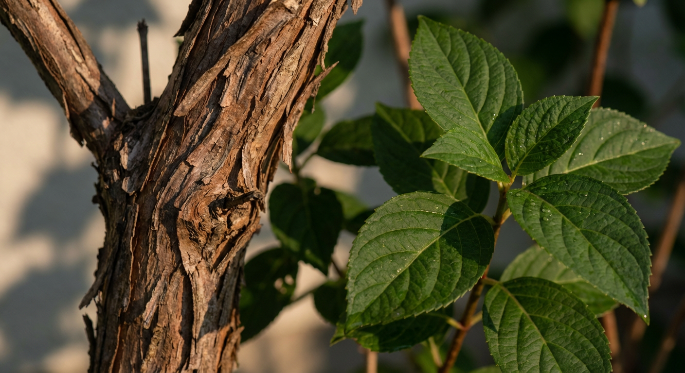 Zbliżenie na Hortensję bukietową z widocznym kontrastem między delikatnymi liśćmi a chropowatą korą, podkreślające znaczenie odpowiedniego nawadniania.