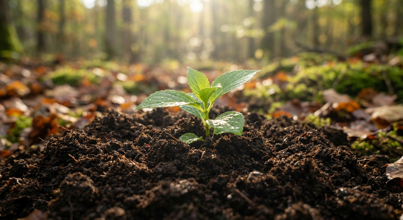Młoda, zdrowa sadzonka hortensji bukietowej wyrastająca z ciemnej, wilgotnej gleby symbolizująca witalność i ukorzenianie się.