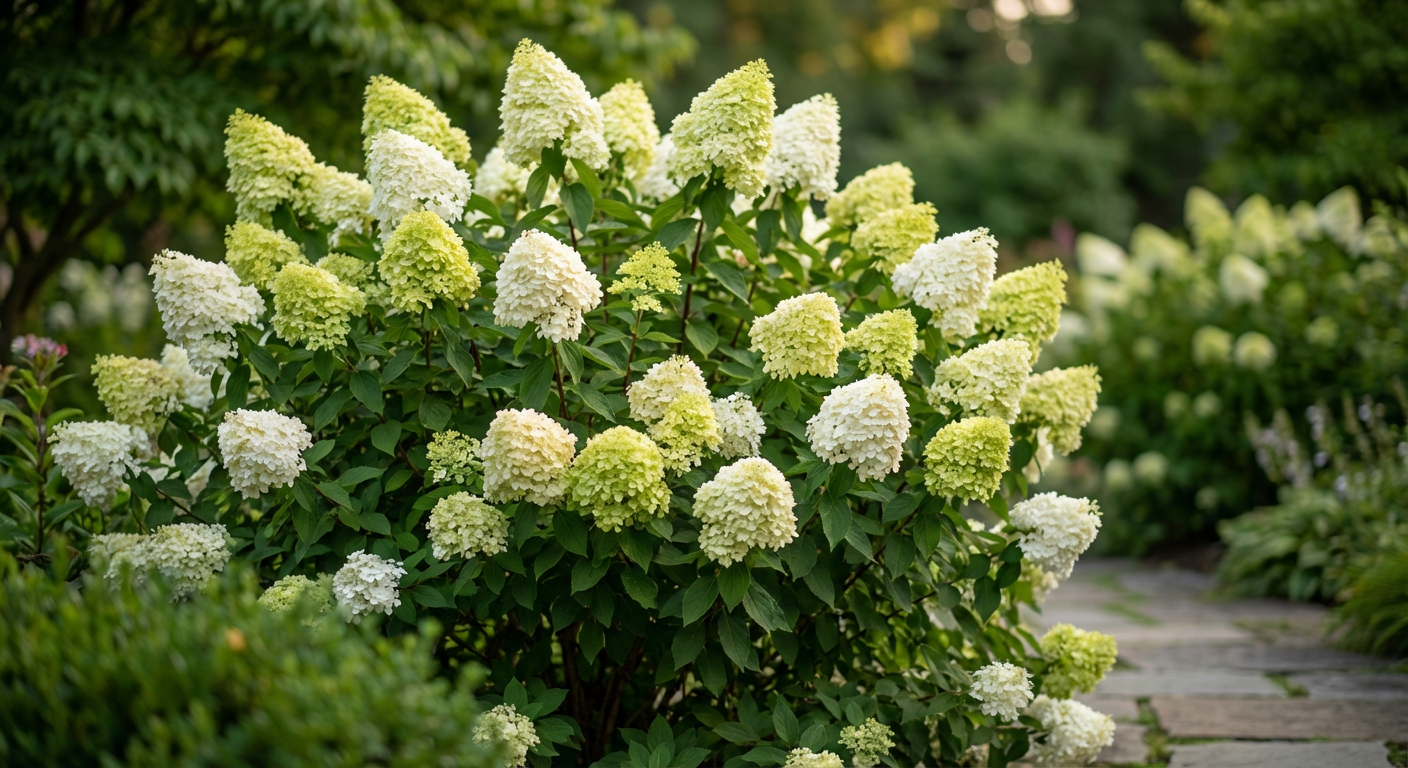 Zdjęcie przedstawiające hortensję bukietową w pełnym rozkwicie, z charakterystycznymi stożkowatymi kwiatostanami w odcieniach bieli i kremu.