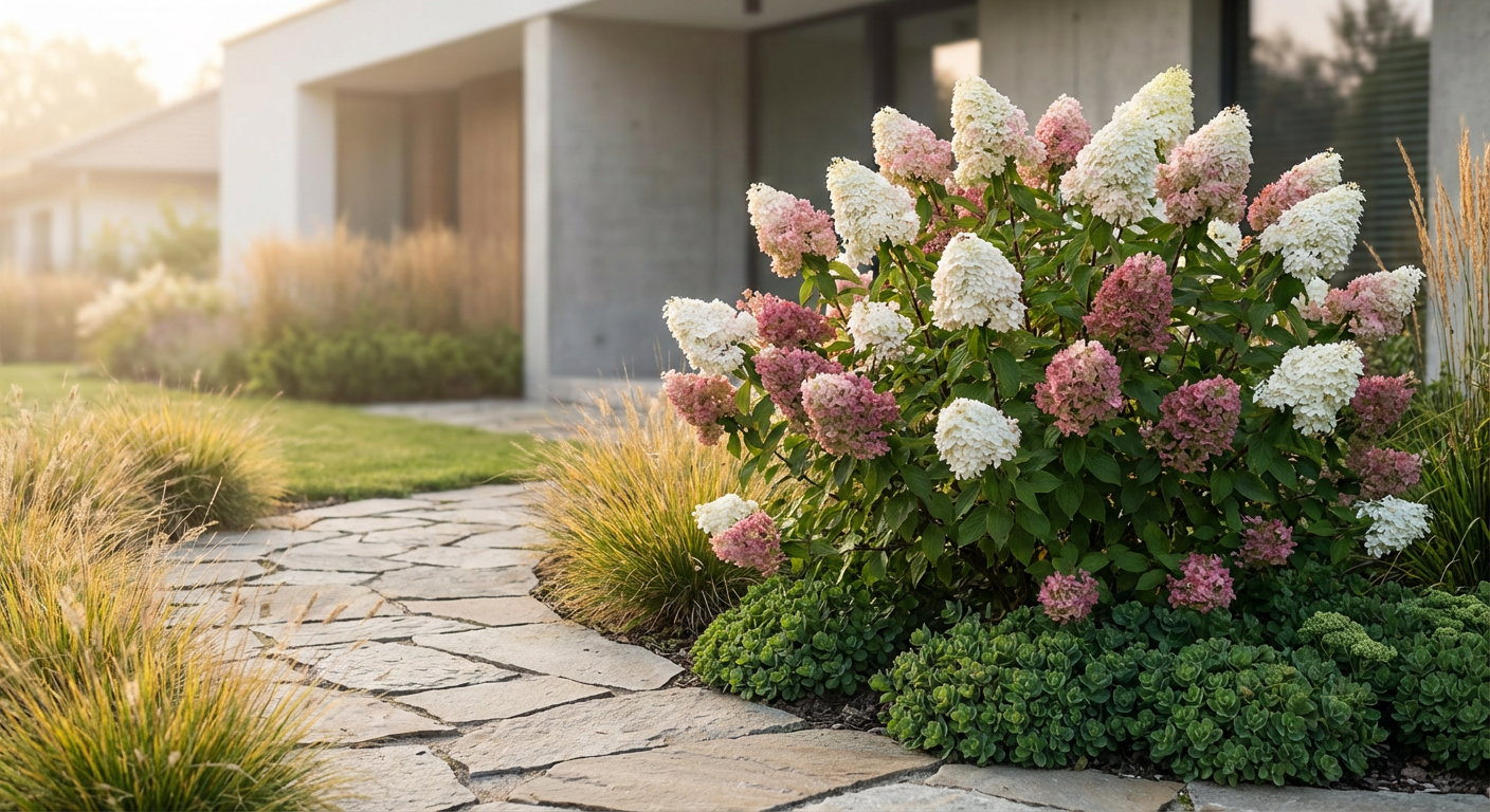 Hortensja bukietowa z białymi i różowymi kwiatami w nowoczesnym ogrodzie z kamienną ścieżką, otoczona trawami ozdobnymi, idealna do inspiracji aranżacyjnych.