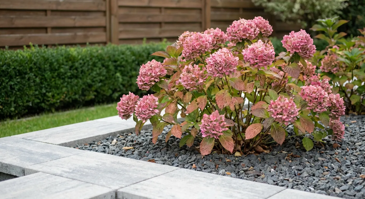 Hortensja ogrodowa (Hydrangea macrophylla) w szerszym kontekście aranżacyjnym, posadzona na nowoczesnej rabacie ogrodowej.