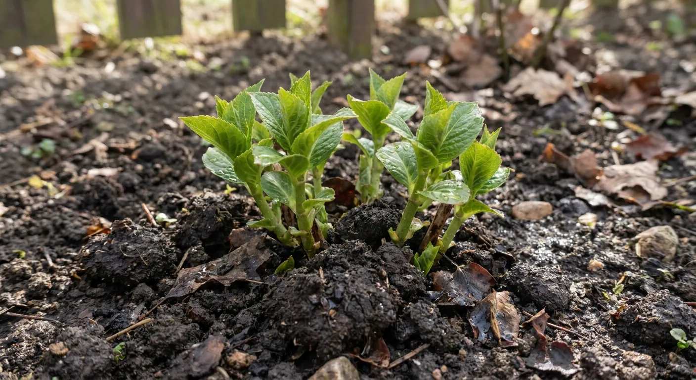 Młoda, zdrowa sadzonka hortensji ogrodowej (Hydrangea macrophylla) wyrastająca z ciemnej, żyznej gleby.