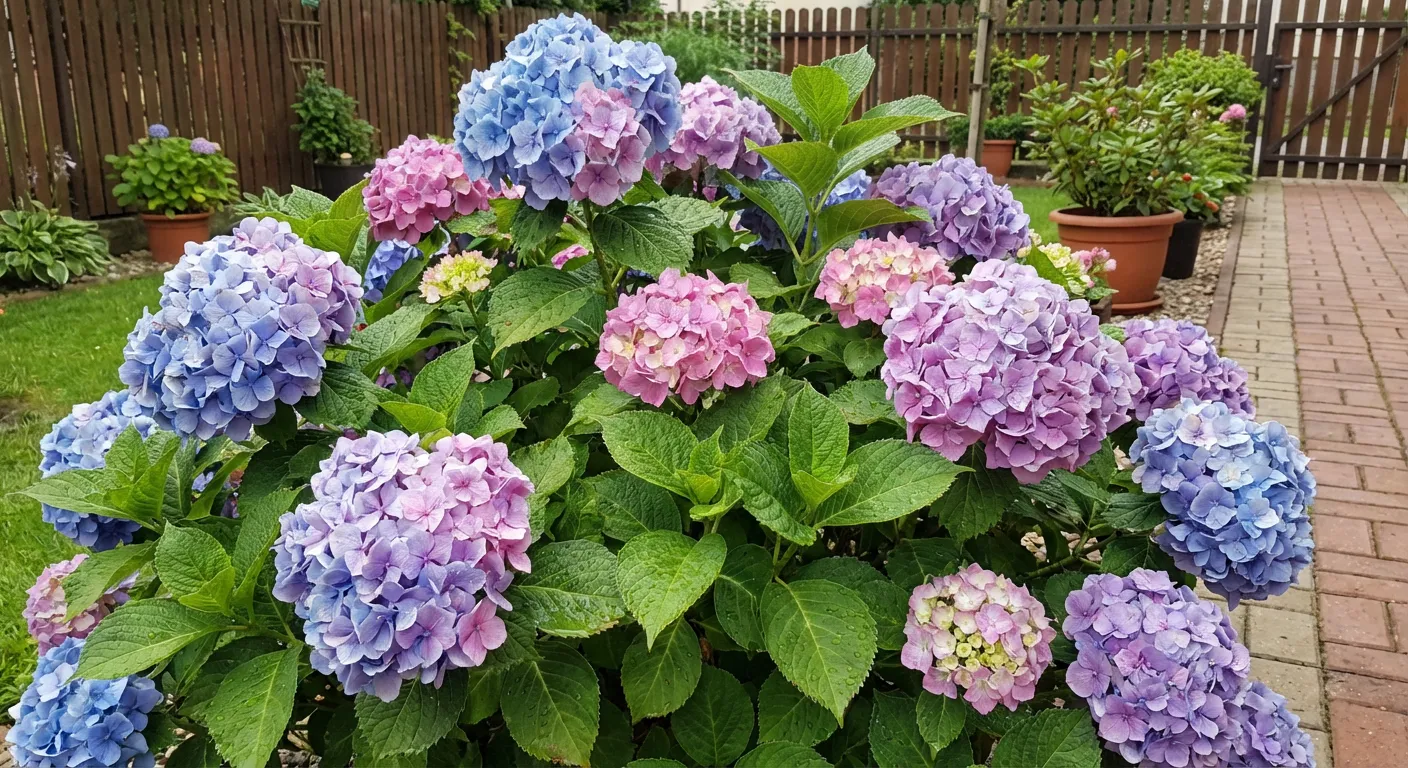 Zdjęcie przedstawiające hortensję ogrodową (Hydrangea macrophylla) w pełni kwitnienia, prezentującą jej charakterystyczne, efektowne kwiatostany.