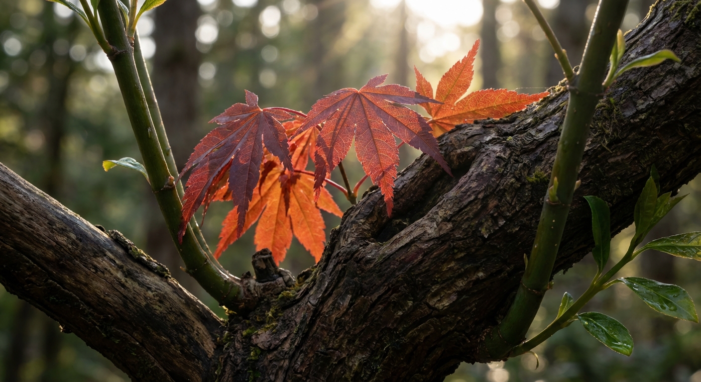 Zbliżenie na gałązkę klonu palmowego, ukazujące kontrast pomiędzy delikatnymi liśćmi a chropowatą korą, z odpowiednim oświetleniem podkreślającym ich tekstury.