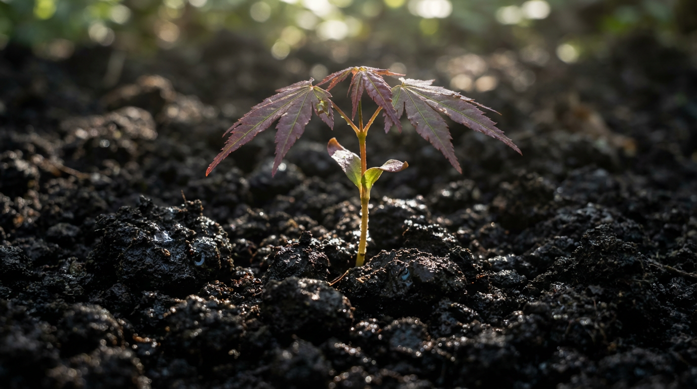 Młoda, zdrowa sadzonka klonu palmowego (Acer palmatum) wyrastająca z ciemnej, żyznej gleby, symbolizująca witalność.