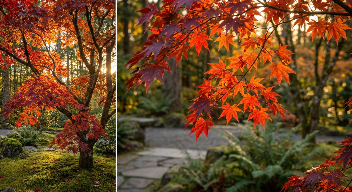 Klon palmowy (Acer palmatum) w jesiennych barwach, ukazujący charakterystyczne, głęboko klapowane liście w odcieniach czerwieni i pomarańczu.