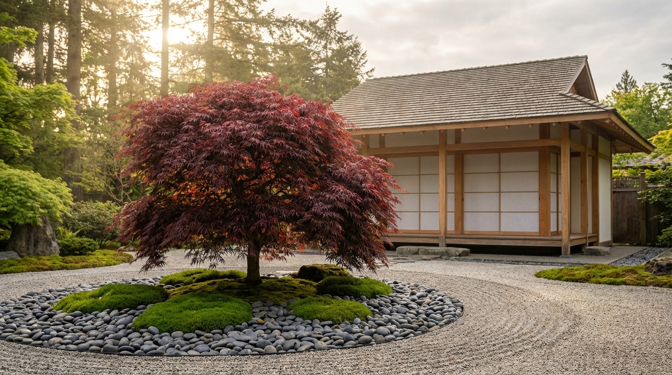 Czerwony klon palmowy w ogrodzie japońskim z kamieniami, mchem i minimalistyczną architekturą.