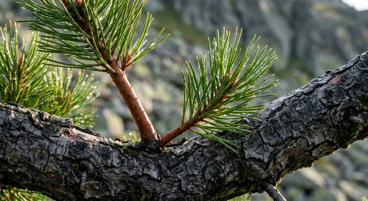 Zbliżenie gałązki kosodrzewiny (Pinus mugo) z gładkimi zielonymi igłami kontrastującymi z chropowatą korą, ilustrujące różnorodność tekstur.