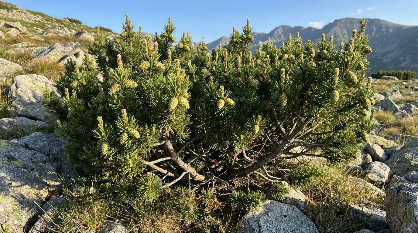 Zdjęcie przedstawiające gęstą kosodrzewinę (Pinus mugo) z młodymi zielonymi szyszkami, rosnącą na skalistym zboczu w górskim krajobrazie, symbolizujące jej wytrzymałość i piękno.