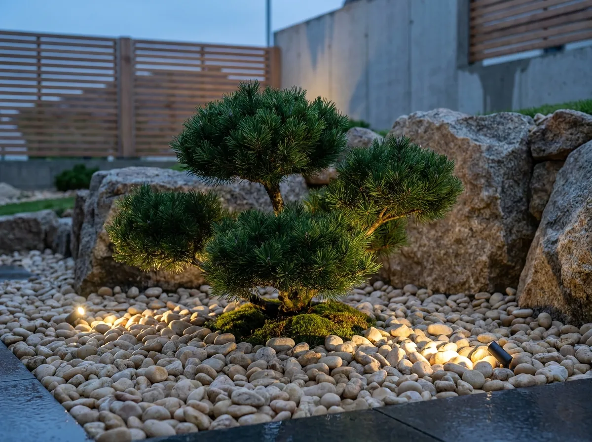 Kosodrzewina (Pinus mugo) elegancko wkomponowana w nowoczesny, minimalistyczny ogród skalny ze światłem akcentującym.