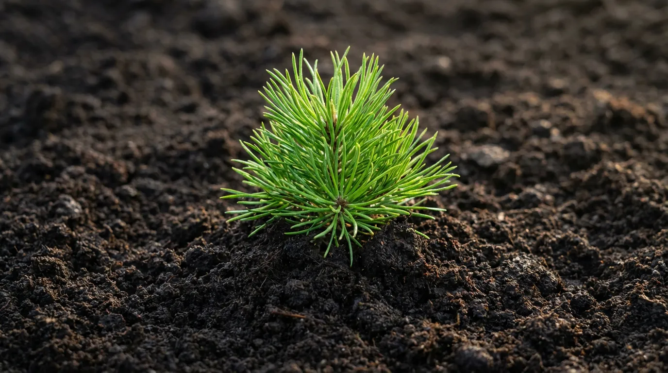 Młoda, zdrowa sadzonka kosodrzewiny (Pinus mugo) z soczyście zielonymi igłami wyrastająca z bardzo ciemnej, żyznej gleby.