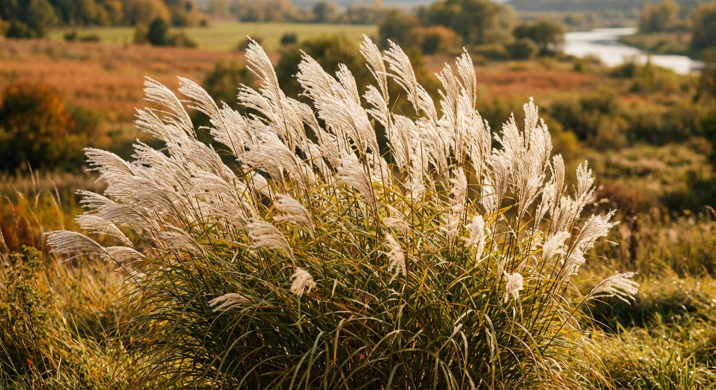Miskant chiński w pełnym kwitnieniu pod koniec lata, z charakterystycznymi srebrzystymi pióropuszami.