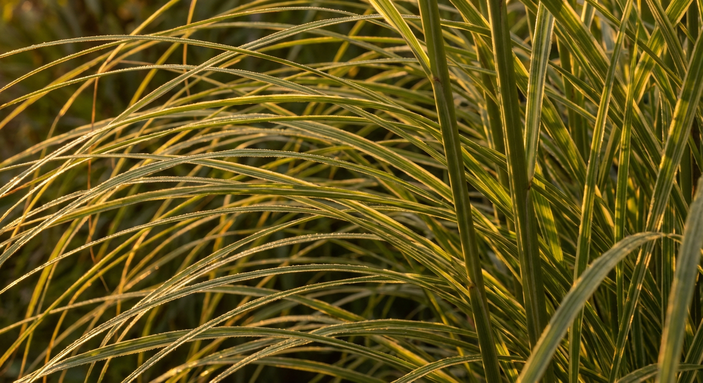 Zbliżenie na liście miskanta chińskiego, prezentujące kontrastujące tekstury w naturalnym świetle.