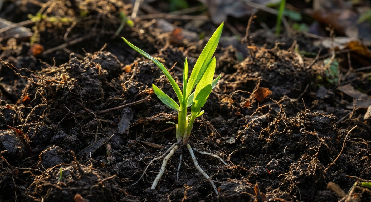 Młoda sadzonka miskanta chińskiego (Miscanthus sinensis) wyrastająca z ciemnej, żyznej gleby, symbolizująca witalność i nowy początek.