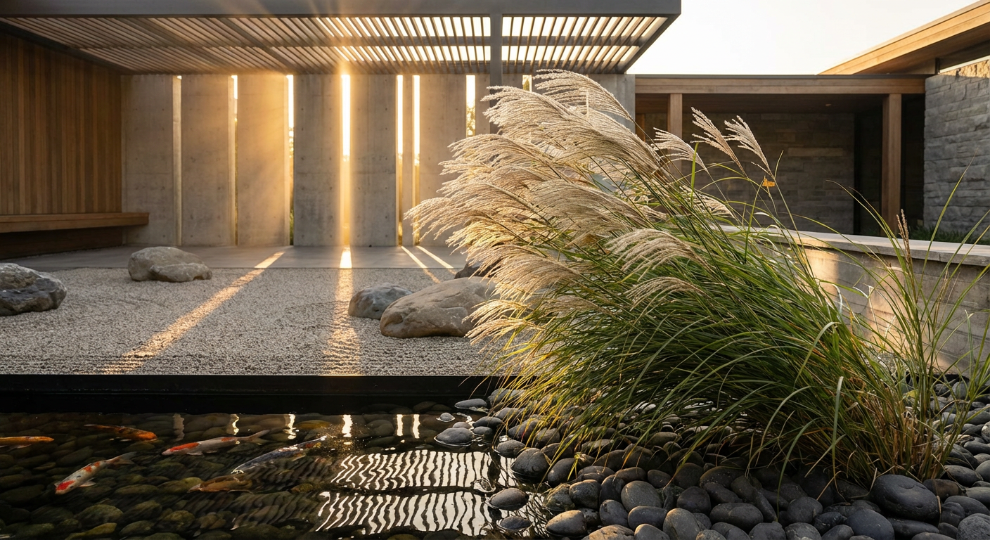 Miskant chiński 'Gracillimus' w nowoczesnym ogrodzie zen, z kamieniami i oczkiem wodnym, prezentujący jego walory dekoracyjne.