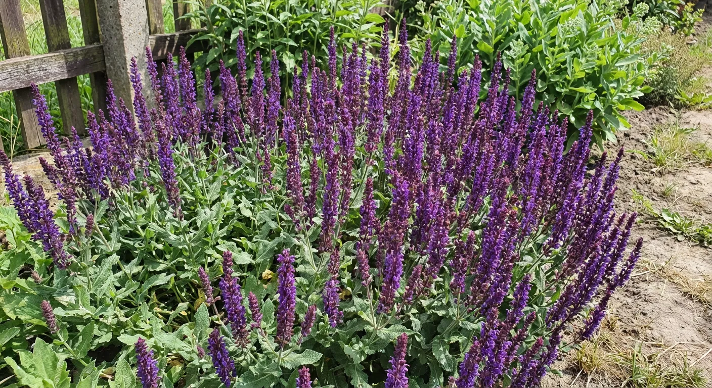 Zdjęcie przedstawiające gęstą grupę szałwii omszonej (Salvia nemorosa) z intensywnie purpurowymi kwiatostanami w pełni kwitnienia, rosnącej w ogrodzie.