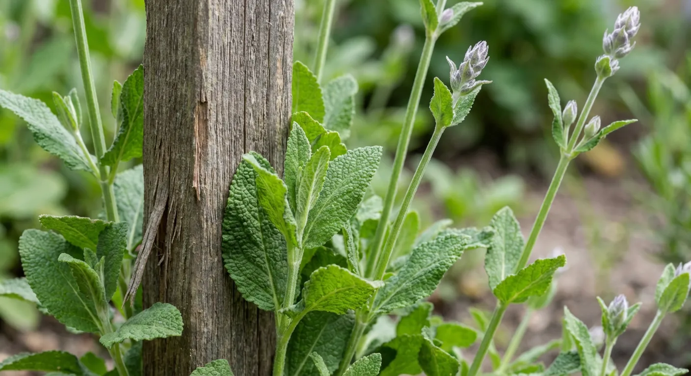 Zbliżenie na Szałwię omszoną (Salvia nemorosa), ukazujące kontrast tekstur między liśćmi, łodygami i pąkami kwiatowymi w ogrodzie.