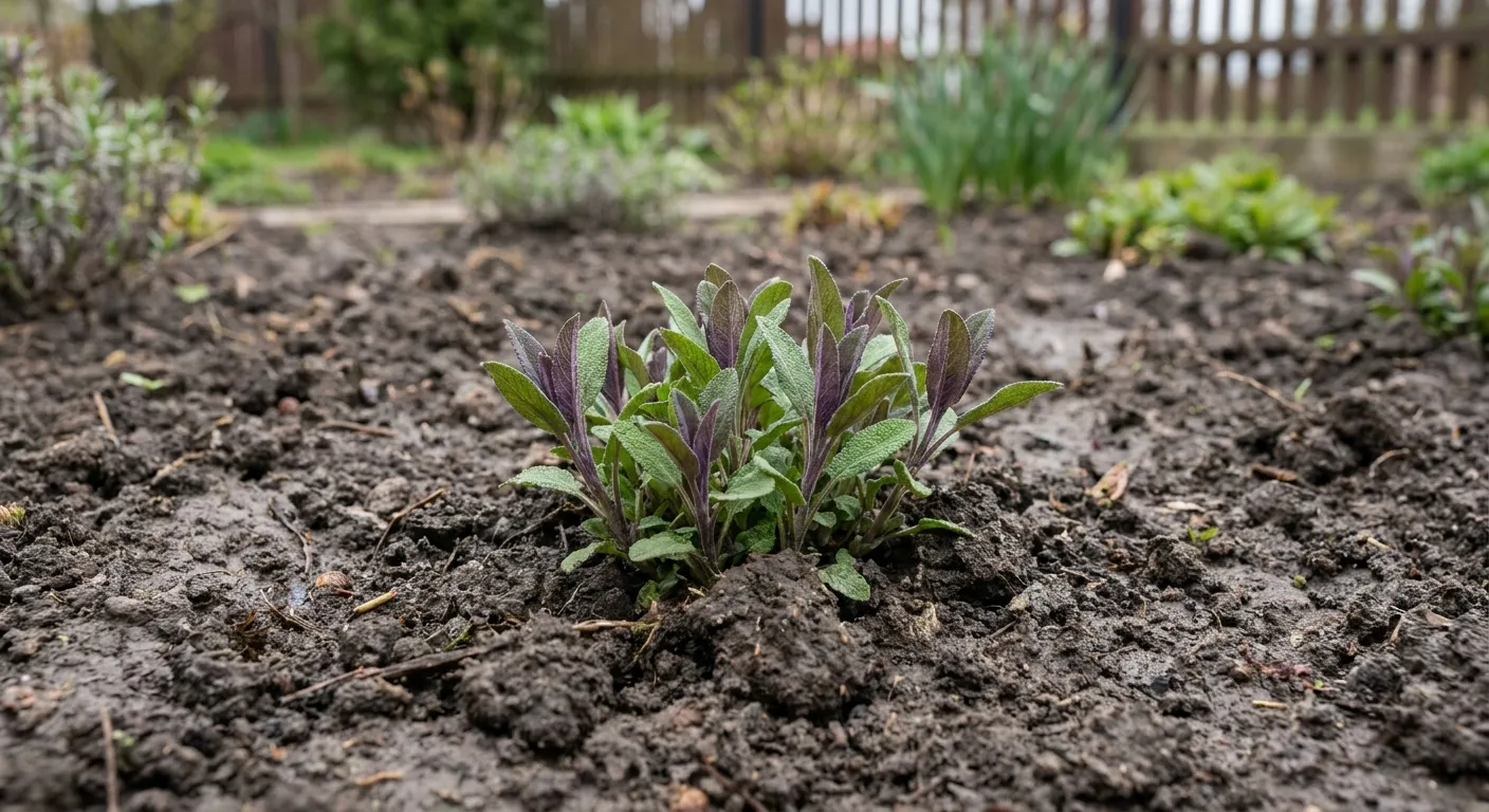 Młoda szałwia omszona (Salvia nemorosa) wyrastająca z ciemnej, wilgotnej ziemi w ogrodzie.