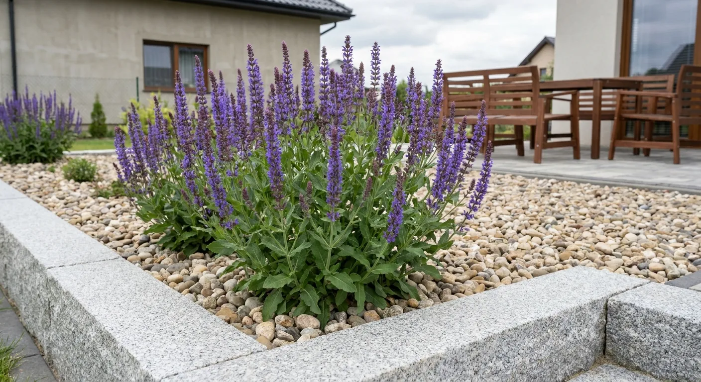 Szałwia omszona kwitnąca na fioletowo w eleganckiej rabacie ogrodowej z kamieniami, otoczona żwirem i innymi roślinami odpornymi na suszę.